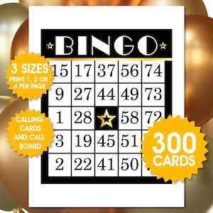 300 Schwarze Bingokarten im Retro-Stil, 1, 2 oder 4 pro Seite, lustiges Partyspiel, Art-Deco-Stil-Bingo, Geburtstagsspiel, Senioren-Bingo, PDF-Download