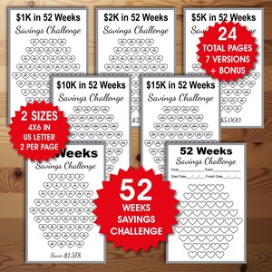 May include: A collection of printable savings challenge sheets featuring various dollar goals, including 1K, 2K, 5K, 10K, and 15K in 52 weeks. Each sheet displays heart-shaped icons for tracking progress, with red starburst overlays indicating 24 total pages, 7 versions, and 2 sizes of 4x6 inches and US Letter.