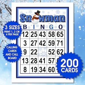 May include: Snowman Bingo game card with a blue border and a snowman graphic. The card features the word "Snowman" above the bingo grid, with numbers and snowflakes. Includes 200 cards, 3 sizes, and calling cards.