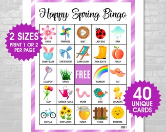 40 Spring Bingo Cards, 1 or 2 Per Page, Spring Party Game, Spring Break Activity, Spring Bingo for Kids, PDF Files