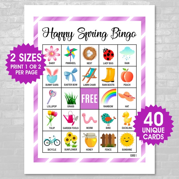 40 cartes de bingo du printemps, 1 ou 2 par page, jeu de fête du printemps, activité de la semaine de relâche, bingo du printemps pour les enfants, fichiers PDF