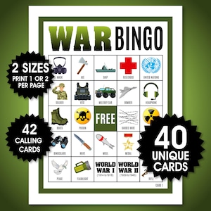 40 cartes de bingo sur la guerre, 1 ou 2 par page, bingo du Memorial Day, activité pour la journée des anciens combattants, bingo militaire pour enfants, fichiers PDF, bingo de la journée des anciens combattants