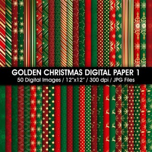 Könnte beinhalten: Eine Sammlung von 50 digitalen Papierdateien mit verschiedenen weihnachtlichen Mustern in Rot, Grün und Gold. Jedes 30,48 cm x 30,48 cm große Bild zeigt Schneeflocken, Sterne, Rentiere, Streifen und geometrische Formen mit dem Text GOLDEN CHRISTMAS DIGITAL PAPER 1.