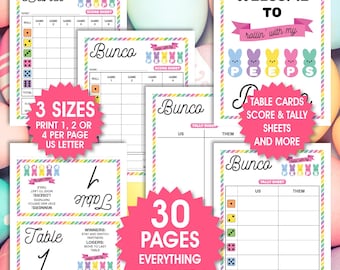 May include: Printable Easter Bunco game set with 30 pages including score sheets, tally sheets, table cards, and a welcome sign with a Peeps theme. The design features a rainbow and pastel colors.