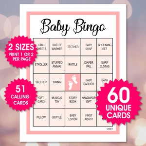 60 Pink Baby Bingo Cards, 1 or 2 Per Page, Baby Party Game, Baby Shower Activity, Pink Baby Bingo, PDF Files