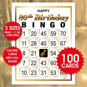 100 Happy 80th Birthday Bingo Karten, 1, 2 oder 4 pro Seite, lustiges Partyspiel, Geburtstagsaktivität, Geburtstagsbingo für Erwachsene, PDF-Dateien
