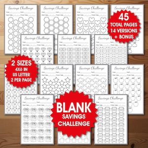 May include: A collection of black and white savings challenge printables. The designs include circles, hearts, stars, and more. The text on the image says "Savings Challenge", "2 Sizes", "4x6 in US Letter", and "Blank Savings Challenge".