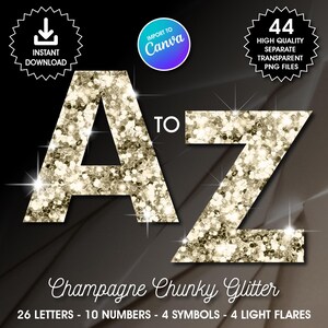 Champagne Glitter Alphabet Clipart, PNG Letters, Numbers, Symbols (Digital Download)