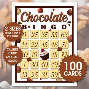 100 tarjetas de bingo de chocolate, 1 o 2 por página, fiesta temática de chocolate, bingo de dulces, actividad de cumpleaños, bingo para niños y adultos, archivos PDF