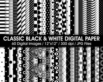 May include: A collection of 60 digital paper files featuring classic black and white patterns including stripes, checkers, hearts, polka dots, chevrons, stars, and damask designs. The text reads CLASSIC BLACK & WHITE DIGITAL PAPER 60 Digital Images / 12"x12" / 300 dpi / JPG Files.