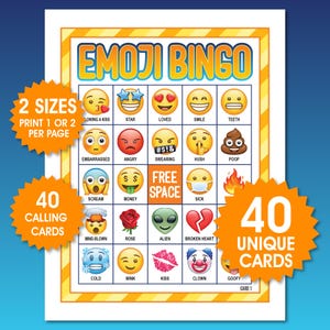40 枚の絵文字ビンゴ カード、1 ページあたり 1 枚または 2 枚、楽しいパーティー ゲーム、誕生日アクティビティ、子供と大人向けの楽しいビンゴ、PDF ファイル