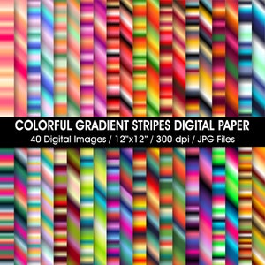 Papier numérique rayures dégradé coloré, papiers de scrapbooking rayures, téléchargement immédiat, 40 papiers de scrapbooking imprimables