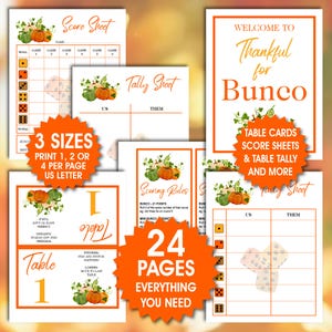 Puede incluir: Un conjunto de hojas de juego de Bunco imprimibles, que incluyen hojas de puntuación, tarjetas de mesa y hojas de conteo. Los diseños presentan calabazas y follaje de otoño. El conjunto incluye 24 páginas.