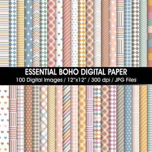 Op de afbeelding: Een digitaal papierpakket met 100 verschillende patronen in een boho-stijl. De patronen omvatten strepen, sterren, harten, ruitjes en geometrische vormen in verschillende kleuren, waaronder roze, blauw, geel en bruin. De patronen zijn allemaal 12 inch bij 12 inch en 300 dpi.