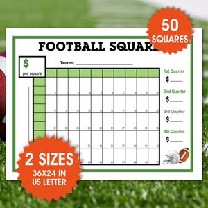 Football Squares Board, 50 nummerierte Quadrate, lustige Familienaktivität, Fußball-Spendenaktion, Fußball-Wettspiel, Football Pool-Vorlage