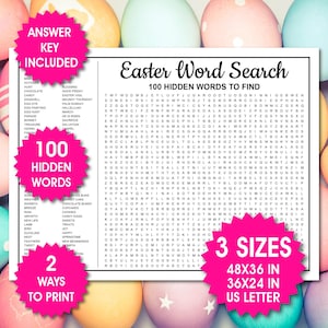 Puede incluir: Rompecabezas de búsqueda de palabras con temática de Pascua con 100 palabras ocultas, disponible en tres tamaños: 48x36 pulgadas, 36x24 pulgadas y US Letter. Incluye una clave de respuestas y ofrece dos formas de imprimir.
