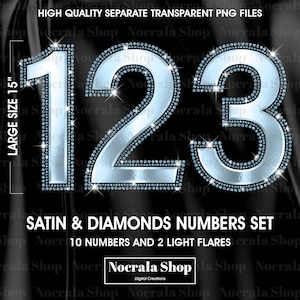 Blauw satijn en diamant nummers clipart, PNG digitale illustraties, Blue Diamond nummers clipart, metallic Glam nummers clipart, grote cijfers