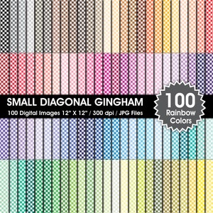 May include: 100 digital images of small diagonal gingham patterns in various colors. Each image is 12 inches by 12 inches and 300 dpi. The images are in JPG format.