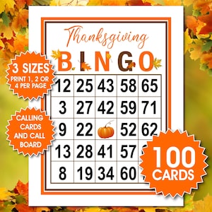 100 Thanksgiving Bingo Cards, 1, 2 or 4 Per Page, Thanksgiving Game, Holidays Bingo, Fun Party Game, PDF Download, Fall Bingo Cards