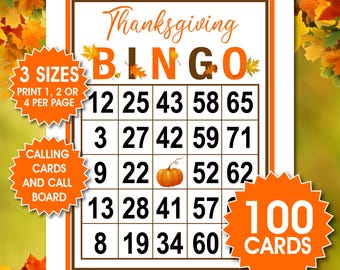 100 Thanksgiving Bingo Cards, 1, 2 or 4 Per Page, Thanksgiving Game, Holidays Bingo, Fun Party Game, PDF Download, Fall Bingo Cards