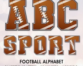 Peut inclure: Un alphabet de football brun et blanc avec les lettres ABC et le mot SPORT. Les lettres sont en gras, en caractères gras et sont soulignées de noir. Le motif de football est une représentation réaliste d'un ballon de football avec des lacets. Le texte sous les lettres indique "FOOTBALL ALPHABET 26 UPPERCASE LETTERS - 10 NUMBERS - 4 SYMBOLS".