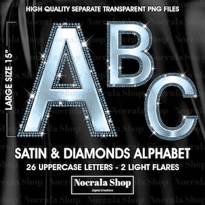 Blauw satijn en diamant alfabet clipart, PNG digitale illustraties, blauwe diamant letters clipart, metallic glamour alfabet clipart, grote letters