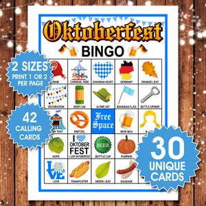 May include: An Oktoberfest bingo game card featuring a grid of icons including a ham, carnival ride, Bavarian heart, Germany map, orange leaf, beer can, alpine hat, flag, bottle opener, tent, pretzel, beer mug, hops, pumpkin, and sausage.