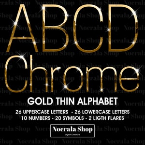 Goud chroom dun alfabet clipart, PNG illustraties, goud chroom dunne letters, High Shine digitale alfabet, glam alfabet, schreefloze brief