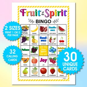 30 tarjetas de bingo del Fruto del Espíritu, 1 o 2 por página, juego católico divertido, juegos bíblicos para niños, actividad cristiana preescolar, actividad para la iglesia