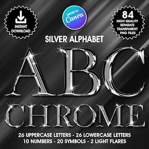 Silver Chrome Alphabet Clipart, PNG Clip Art, Silver Chrome Letters, High Shine Digital Alphabet, Glam Alphabet Clipart, Import to Canva