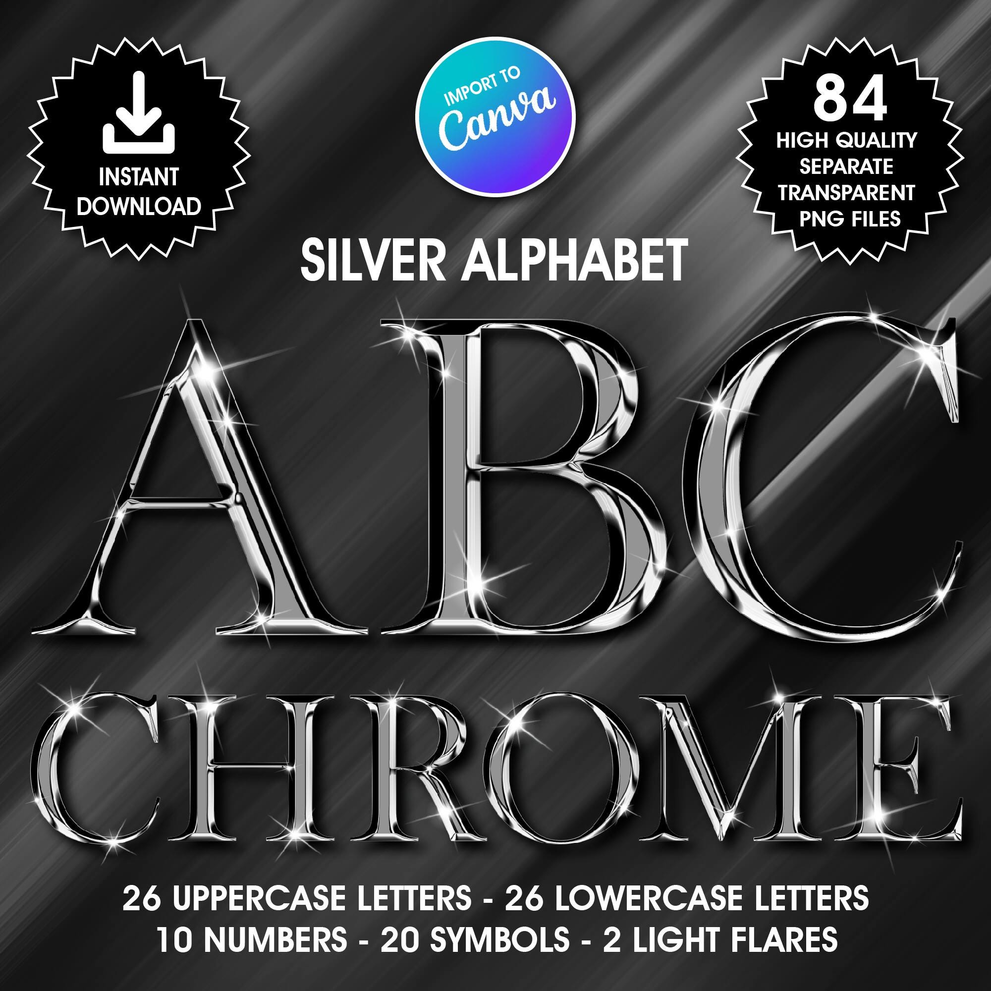 Silver Chrome Alphabet Clipart, PNG Clip Art, Silver Chrome Letters, High Shine Digital Alphabet, Glam Alphabet Clipart, Import to Canva