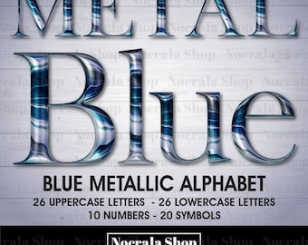 Blue Metallic Alphabet Clipart, PNG Clip Art, Blue Chrome Letters, Steel Alphabet, Blue Metallic Letters