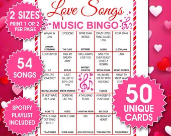 Love Songs Music Bingo, 50 Printable Cards, Games for Wedding; Valentine's Day Fun Activity (PDF Files)
