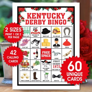 60 Kentucky Derby-bingokaarten, Kentucky Derby-feestspel, Run for the Roses, derbydiner, Kentucky Derby-bruidsfeest, paardenracebingo