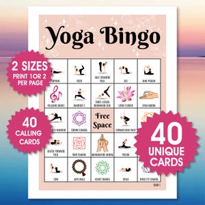 40 Yoga Bingo Karten, 1 oder 2 pro Seite, lustiges Partyspiel, Yoga Klasse Aktivität, Yoga Posen Bingo für Kinder und Erwachsene, Asanas Bingo, PDF Dateien