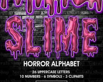 Może przedstawiać: Grafika czcionki slime w kolorze różowym i fioletowym ze słowem "SLIME" w kroplących literach. Grafika jest umieszczona na tle czarnej ceglanej ściany. Tekst "HORROR ALPHABET" znajduje się pod grafiką, wraz z tekstem "26 WIELKICH LITER, 10 LICZB - 6 SYMBOLI - 3 CLIPARTS". Tekst "Nocrala Shop" znajduje się na dole grafiki.