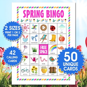 May include: A colorful Spring Bingo game with a grid of spring-themed images, including flowers, insects, and weather icons. The game includes 50 unique cards, 42 calling cards, and offers two print sizes. The title "Spring Bingo" is displayed at the top.