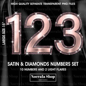 Roze satijn en diamant nummers clipart, PNG digitale illustraties, roze diamant nummers clipart, metallic Glam nummers clipart, grote cijfers