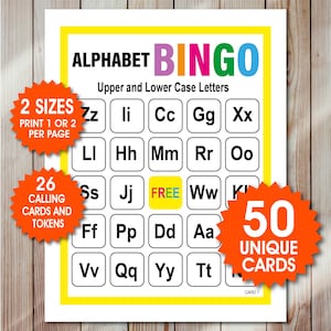 May include: Alphabet Bingo game with upper and lower case letters. The game includes 50 unique cards, 26 calling cards and tokens, and offers two sizes, with the option to print one or two cards per page. The game is framed in yellow.