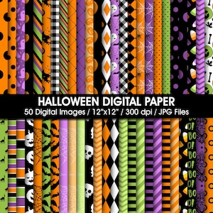 50 digitale Halloween-papieren, Trick or Treat-scrapbookpapieren, Boo-behang, griezelige achtergronden, printbare naadloze patronen