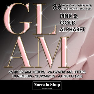 Bebé rosa y oro Glam Alphabet Clipart, PNG Digital Clip Art, Letras rosa bebé, Alfabeto de alto brillo, Alfabeto de lujo, Letras elegantes