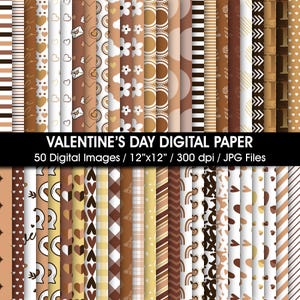 50 padrões de papel digital sem costura para o dia dos namorados, papéis de scrapbook românticos Boho cremosos bege, fundos fofos de mocha, download instantâneo