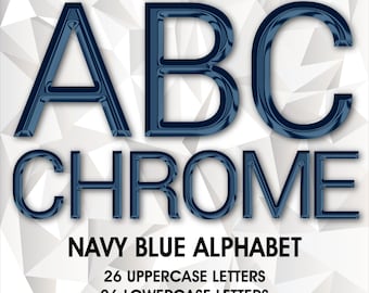 Navy Chrome Alphabet Clipart, Blue Letter PNG (Digital Download)
