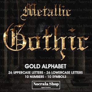 Gold Gothic Alphabet Clipart, PNG Digital Clip Art, Gold Gothic Letters, Numbers, Symbols Clipart, Gothic Alphabet Clipart