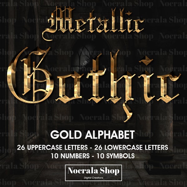 Gold Gothic Alphabet Clipart, PNG Digital Clip Art, Gold Gothic Letters, Numbers, Symbols Clipart, Gothic Alphabet Clipart