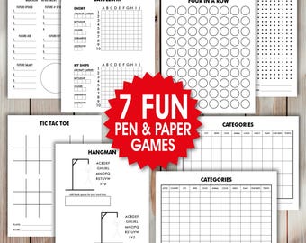 Paquete de 7 juegos imprimibles con lápiz y papel: Ahorcado, Batalla naval, Puntos y casillas, Tres en raya, MASH