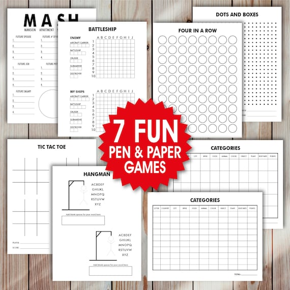 7 Pen and Paper Printable Games Bundle, Hangman Printable, Battleship Printable, Dots and Boxes Printable, Tic Tac Toe Printable, MASH Game