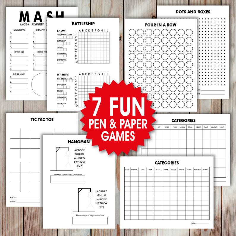 Op de afbeelding: Een verzameling van zeven pen-en-papier-spellen, waaronder MASH, Battleship, Four in a Row, Tic Tac Toe, Hangman, Dots and Boxes en Categories. De spellen zijn gedrukt op wit papier met zwarte tekst en afbeeldingen. Een rode sterburst-afbeelding leest "7 FUN PEN & PAPER GAMES."