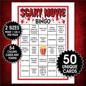 Op de afbeelding: Een rood-witte Scary Movie Bingo-spelset. Het spel bevat 50 unieke kaarten, 54 belkaarten en fiches en is verkrijgbaar in twee formaten. De bingokaart bevat verschillende horrorfilm-tropen.