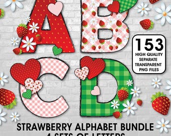 Strawberry Alphabet Clipart, Summer Fruits A-Z (PNG Digital Clip Art)